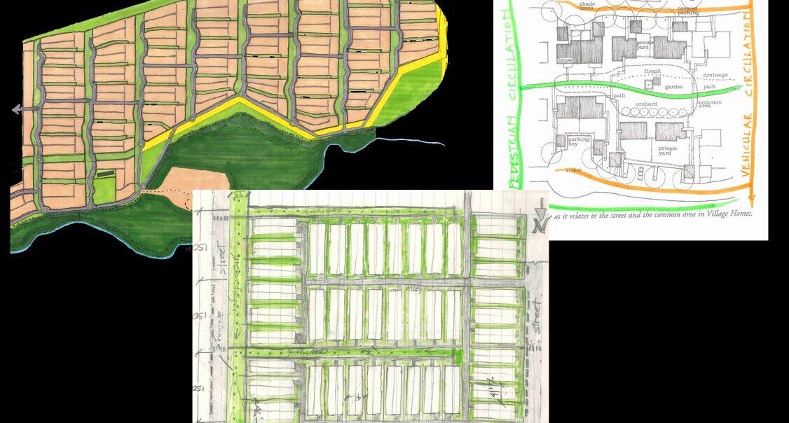 Colored conceptual block layouts for a 327-acre conservation development in San Antonio