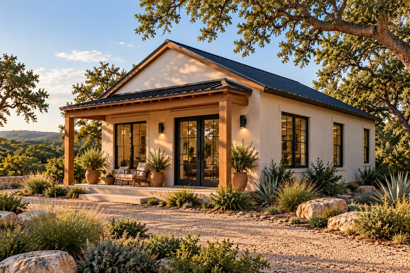 Rendering of a small stucco ADU with a metal roof, timber porch, and glass doors, set among live oaks and native plants at golden hour
