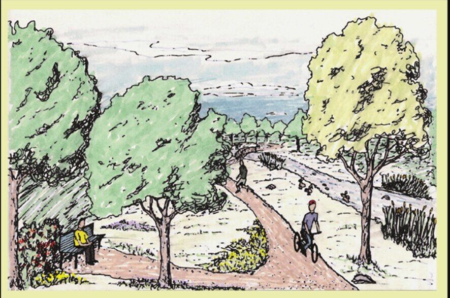 Hand-drawn sketch of a shaded trail with cyclists and trees, colored with markers