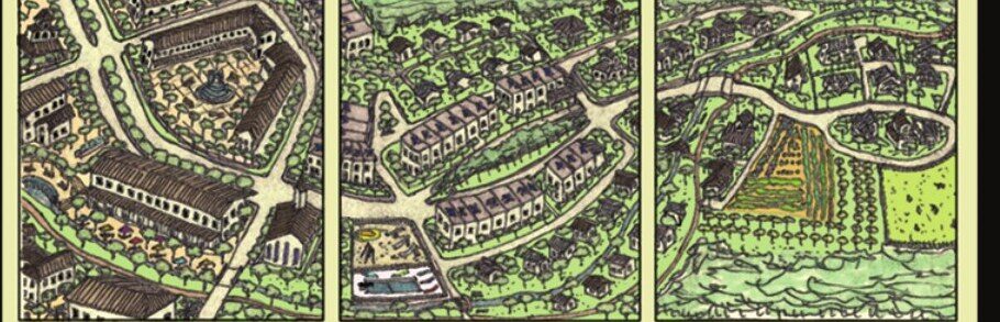 Three hand-drawn bird's-eye views of a neighborhood plan