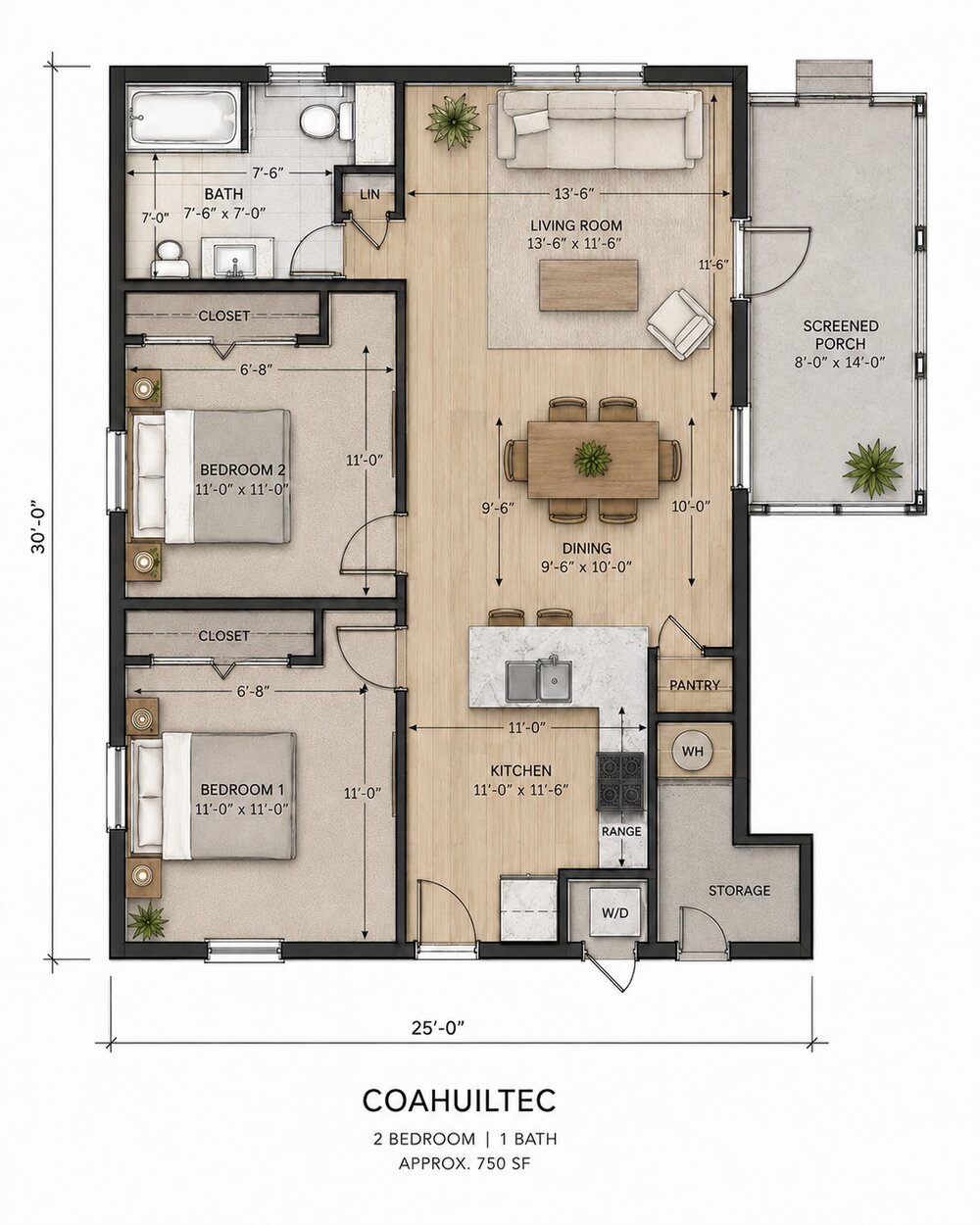 Floor plan of the Coahuiltec: a 25 by 30 foot two-bedroom, one-bath home with an open living, dining, and kitchen area and a screened porch