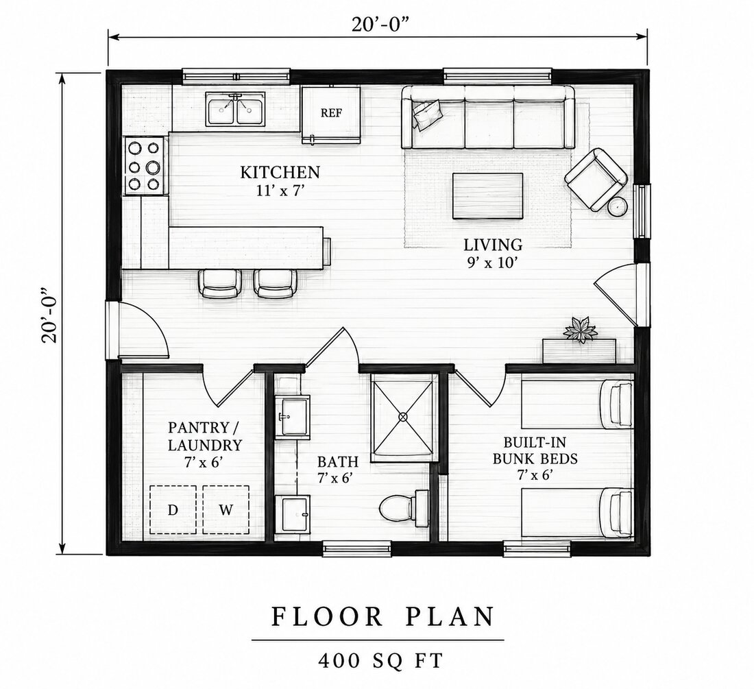 Floor plan of the Tonkawa: a 20 by 20 foot studio with kitchen, living area, bath, pantry and laundry, and built-in bunk beds